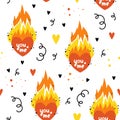 Vector seamless pattern for Valentine`s day. Flaming heart, fire. Hand-drawn style. Cartoon style