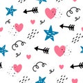 Vector seamless pattern for Valentine`s day. Heart, arrows, stars. Doodle style