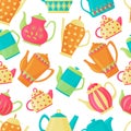 Vector seamless pattern with a variety of teapots on a white background. Kitchen utensils. Bright colors. Royalty Free Stock Photo