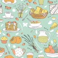 Vector seamless pattern with various breakfast items Royalty Free Stock Photo