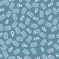 Vector seamless pattern with various contraceptives in doodle style isolated on a blue background. Vector outline illustration.