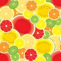 Vector seamless pattern of various, realistic, round, half cut citrus fruits, watermelon and kiwifruit