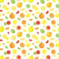 Vector seamless pattern of various, realistic, whole and sliced citrus fruits, isolated