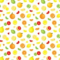 Vector seamless pattern of various, realistic, whole and sliced citrus fruits, isolated