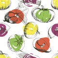 Vector seamless pattern of vegetables. Pumpkin, corn, beetroot, avocado. Hand drawn engraved vintage illustration.