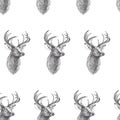 Vector seamless pattern with vintage engraved deer heads. Hand d