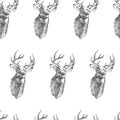 Vector seamless pattern with vintage engraved deer heads. Hand d