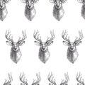 Vector seamless pattern with vintage engraved deer heads. Hand d