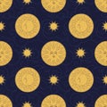 Vector seamless pattern in vintage style. Moon and sun on dark background Royalty Free Stock Photo