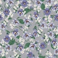 Drawing of seamless pattern with viola flowers