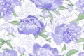 Vector seamless pattern with violet realistic flowers peonies, green leaves