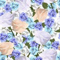 Vector seamless pattern with violets and roses flowers Royalty Free Stock Photo