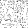 Vector seamless pattern of warm and cozy knitted clothes for autumn and winter on white background. Fall season clothing and acces Royalty Free Stock Photo