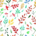 Watercolor colored twigs with contour without background, vector seamless pattern