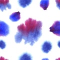 Vector seamless pattern, watercolor colorful spots, blurred realistic aquarelle paint abstract shapes, blue and purple colors.