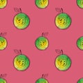 Vector Seamless pattern of watercolor green apple with black hand-drawn elements. On contrast pink background. Grouped Royalty Free Stock Photo