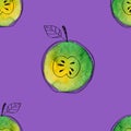 Vector Seamless pattern of watercolor green apple with black hand-drawn elements. On contrast violet background. Grouped Royalty Free Stock Photo