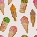 Vector Seamless Pattern with Watercolor Hand Drawn Ice Cream Royalty Free Stock Photo