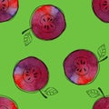 Vector Seamless pattern of watercolor red apple with black hand-drawn elements. On contrast green background. Grouped Royalty Free Stock Photo