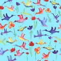 vector seamless pattern watercolor small multicolored birds with flowers. Background for wallpaper, fabric, stationery and Royalty Free Stock Photo