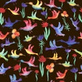 vector seamless pattern watercolor small multicolored birds with flowers. Background for wallpaper, fabric, stationery and Royalty Free Stock Photo