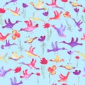 vector seamless pattern watercolor small multicolored birds with flowers. Background for wallpaper, fabric, stationery and Royalty Free Stock Photo