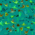 vector seamless pattern watercolor small multicolored birds with flowers. Background for wallpaper, fabric, stationery and Royalty Free Stock Photo