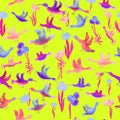 vector seamless pattern watercolor small multicolored birds with flowers. Background for wallpaper, fabric, stationery and Royalty Free Stock Photo