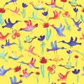 vector seamless pattern watercolor small multicolored birds with flowers. Background for wallpaper, fabric, stationery and Royalty Free Stock Photo