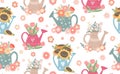 Vector seamless pattern with watering cans with tulips and sunflowers on ditsy white background. Summer romantic texture Royalty Free Stock Photo