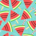 Vector seamless pattern with watermelon slices with coctail straws and ice cream sticks. Colorful hand-drawn repeatable Royalty Free Stock Photo