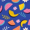 vector seamless pattern with watermelone and palm leaves.