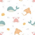 Vector seamless pattern with whale and crab