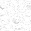 Vector seamless pattern with whales, mermaids, narwhals and dolphins contours on the dotted white background. Sea creatures, sire Royalty Free Stock Photo