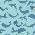 Vector seamless pattern with whales, mermaids, narwhals and dolphins on the dotted blue background. Sea creatures, sirens and mar Royalty Free Stock Photo