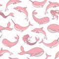 Vector seamless pattern with whales, mermaids, narwhals and dolphins on the dotted pink background. Hand drawn sea creatures, sir Royalty Free Stock Photo