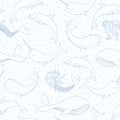 Vector seamless pattern with whales, mermaids, narwhals and dolphins outline on the dotted blue background. Sea creatures, sirens Royalty Free Stock Photo