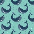 Vector seamless pattern with whales. Repeated texture with marine mammals. Sea background with animals. Royalty Free Stock Photo