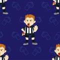 Vector seamless pattern. Whistling soccer referee showing stopping hand during match, human character and whistle icon Royalty Free Stock Photo