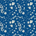 Vector seamless pattern with white branches and leaves on a dark blue background. Design for prints, home decoration Royalty Free Stock Photo