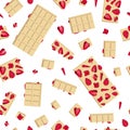 Vector seamless pattern of white chocolate bar with dried strawberries and slices.