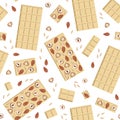 Vector seamless pattern of white chocolate bar with hazelnuts, almonds, seeds and pieces isolated on white Royalty Free Stock Photo