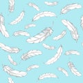 Vector seamless pattern with white falling feathers on a blue background in cute cartoon style. Hand drawn vector illustration