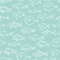 Vector seamless pattern of white fish outlines isolated on blue background