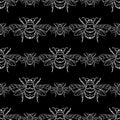 Vector seamless pattern with white honey bee on a black background. Bumblebee, beehive