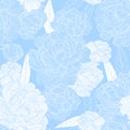 Vector seamless pattern with white line art peonies flowers and leaves on blue background. Hand drawn peony in outline style. Repe Royalty Free Stock Photo