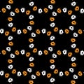 Vector seamless pattern of white and orange haunted circles for Halloween, arranged in geometric order on a black background. Royalty Free Stock Photo