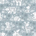 Vector seamless pattern. White ornate silhouettes of forest animals deer, bear, elk, fox, hare, squirrel, hedgehog among Royalty Free Stock Photo