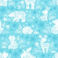 Vector seamless pattern. White ornate silhouettes of forest animals deer, bear, elk, fox, hare, squirrel, hedgehog among Royalty Free Stock Photo