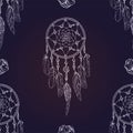Vector seamless pattern with white outline Dream catcher on dark blue background. Luxury dream catcher with flowers and beads. Royalty Free Stock Photo